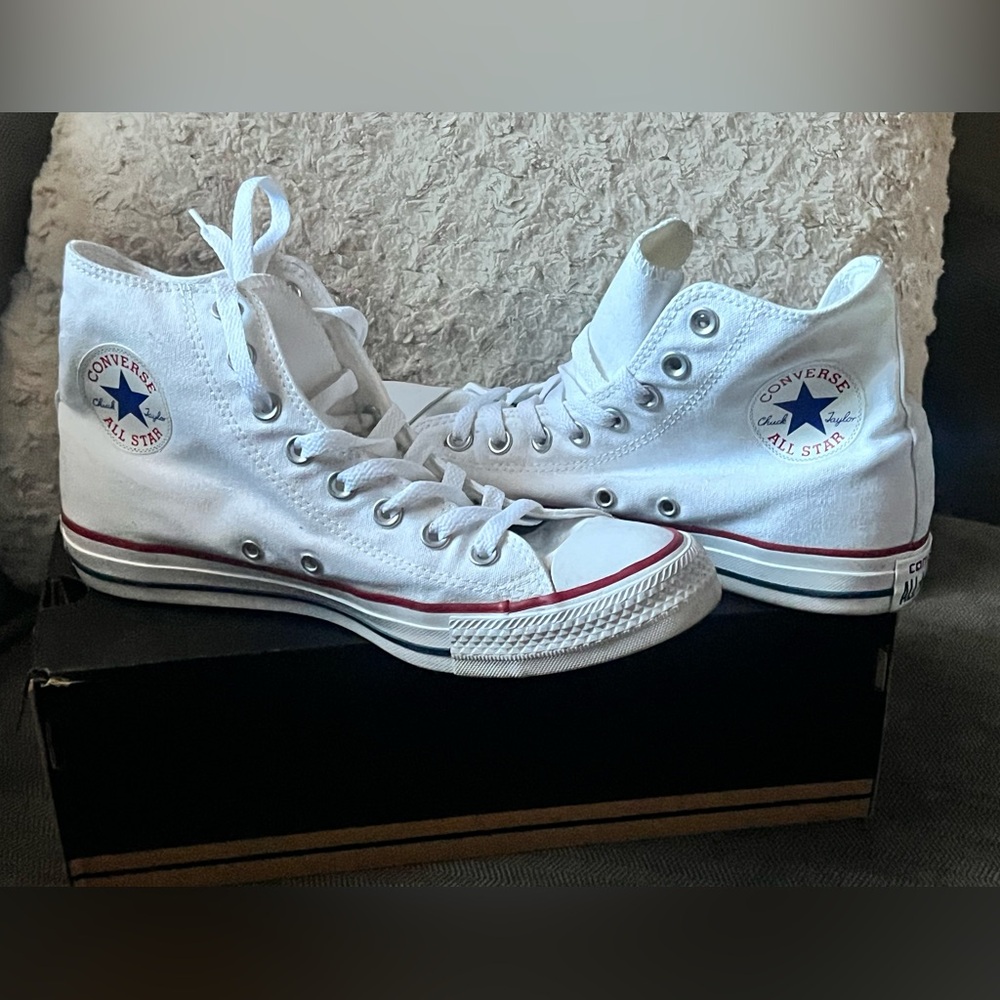 Converse White High-Tops with Red and Blue Details